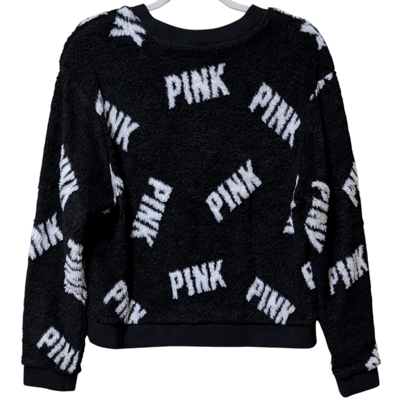 Victoria Secret's all over print Pink top size Medium spell out faux fur black - Picture 2 of 8
